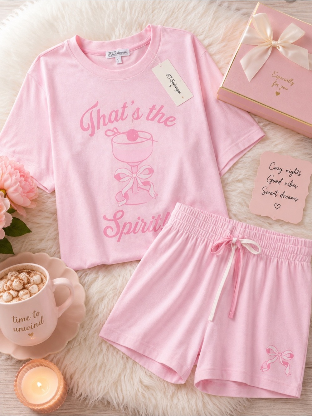 PJ Salvage That’s The Spirit Matching Pajama Set Pink Loungewear NWT